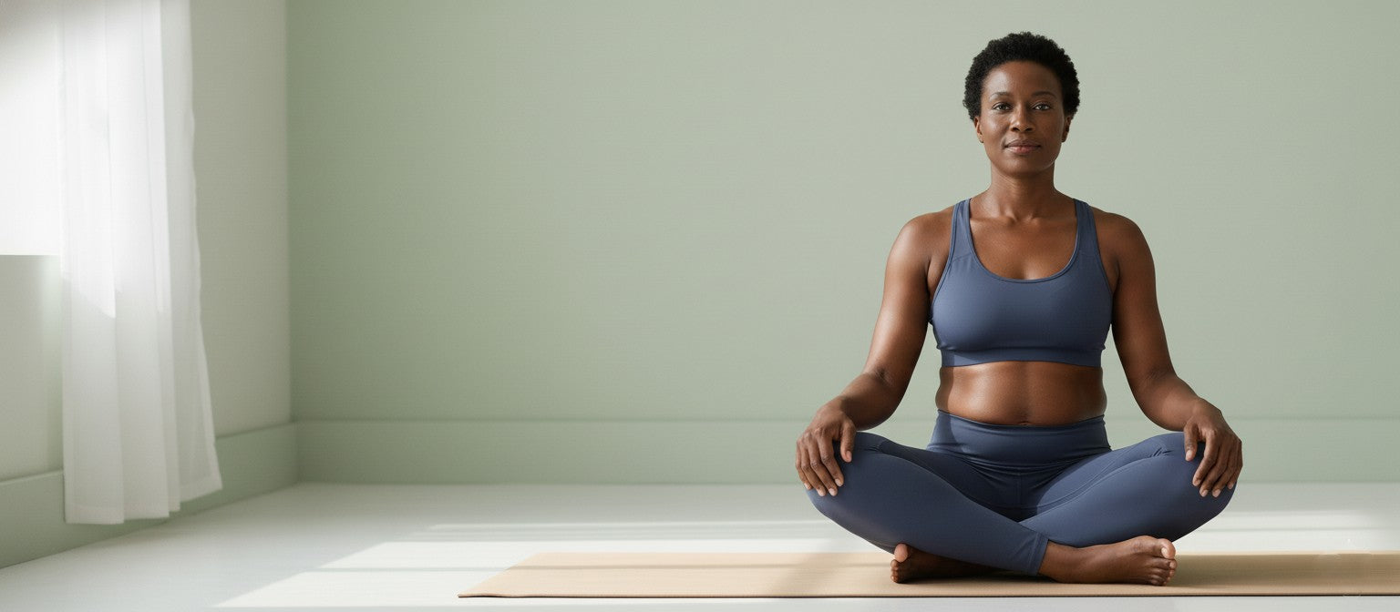Woman in blue athletic wear sitting on a yoga mat in a room with light green walls.1621243260e1af0c20-0