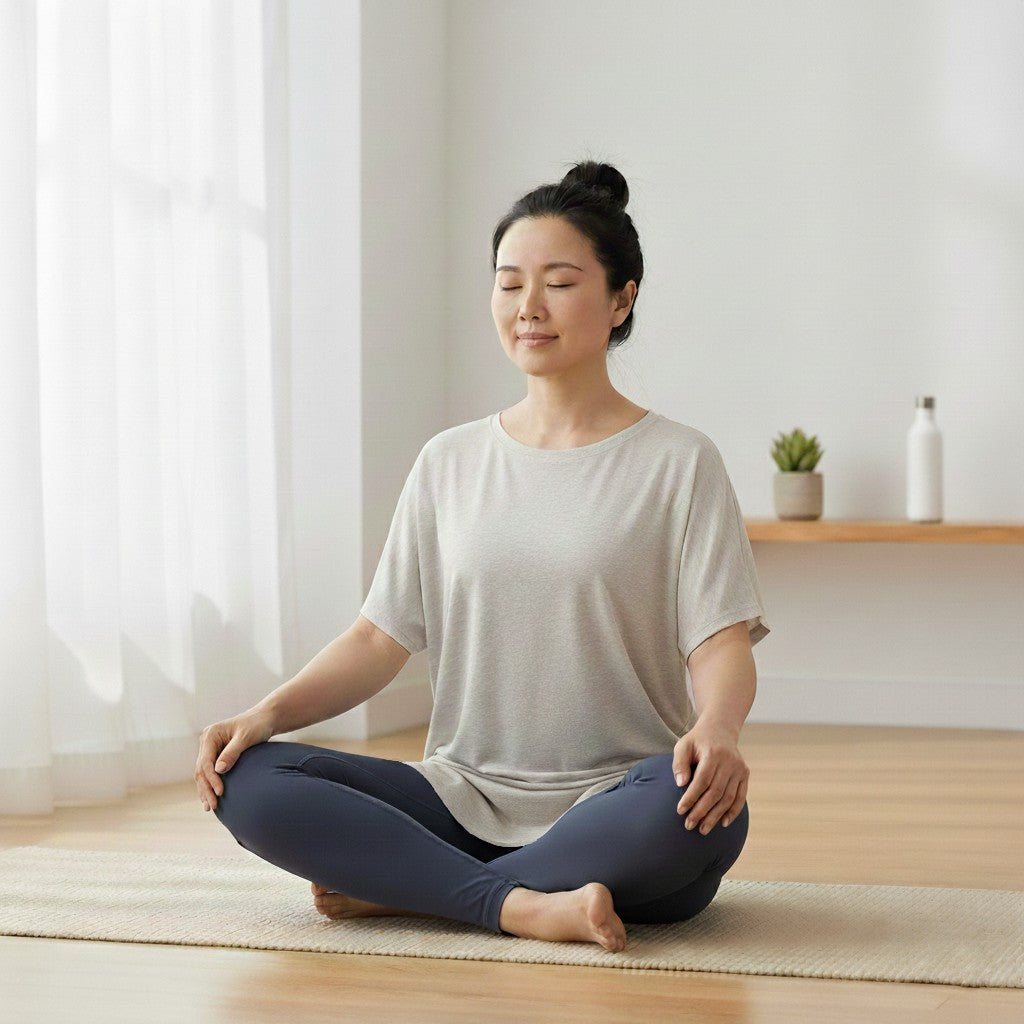 Woman sitting in a meditative pose on a yoga mat in a bright room.