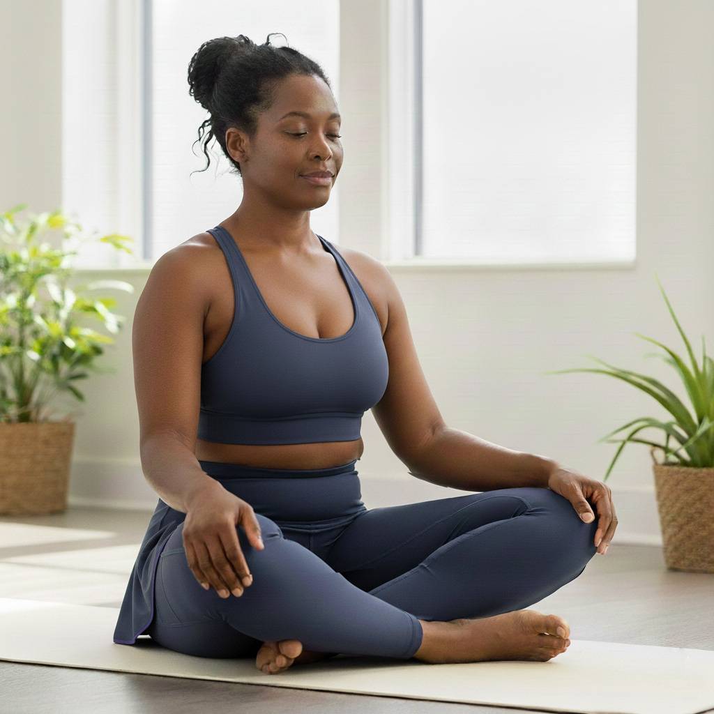 Woman in a blue athletic outfit sitting on a yoga mat in a bright room with plants.