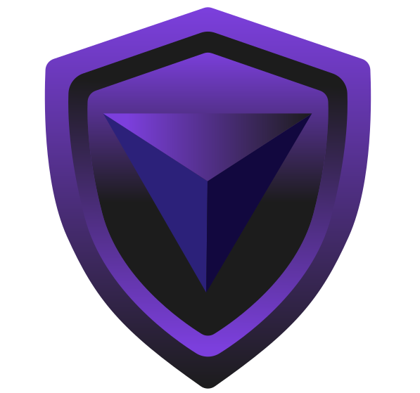 Purple shield-shaped logo on a white background